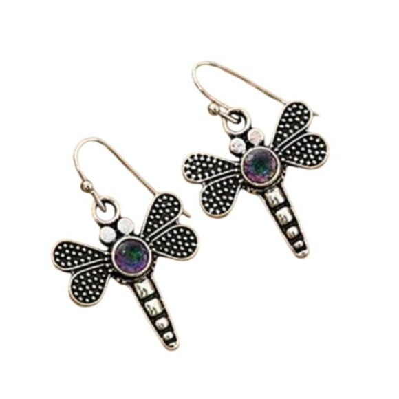 Silver Tone Dragonfly Earrings With Colorful crystal Center - Picture 1 of 1